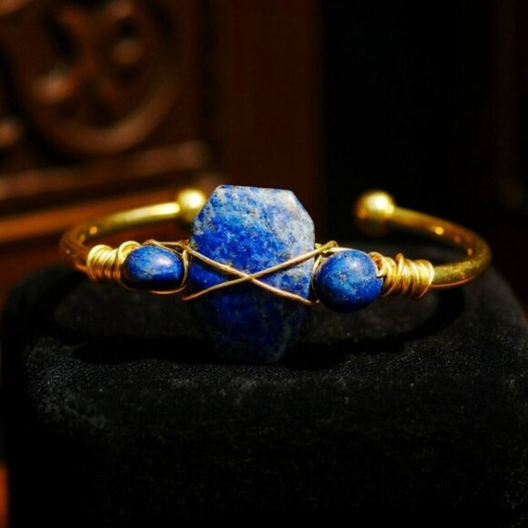 Lapis Lazuli ✦ Wire Wrap Cuff ✦ Triple-Stone Gold Over Copper w/ Wisdom Talisman - Picture 8 of 10